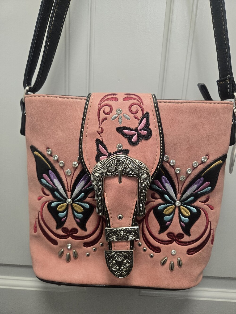 HW Collection Crossbody Purse Pink With Butterflies Western Look